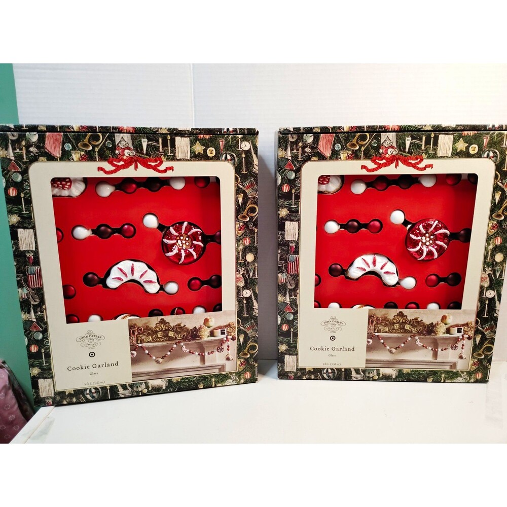 John Derian Company Cookie Garland Glass 5 ft Red/White Christmas Decor 2 Box